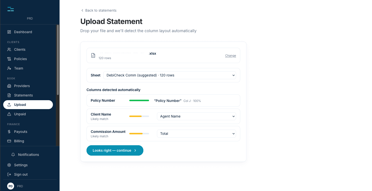 Commission statement upload and parse view